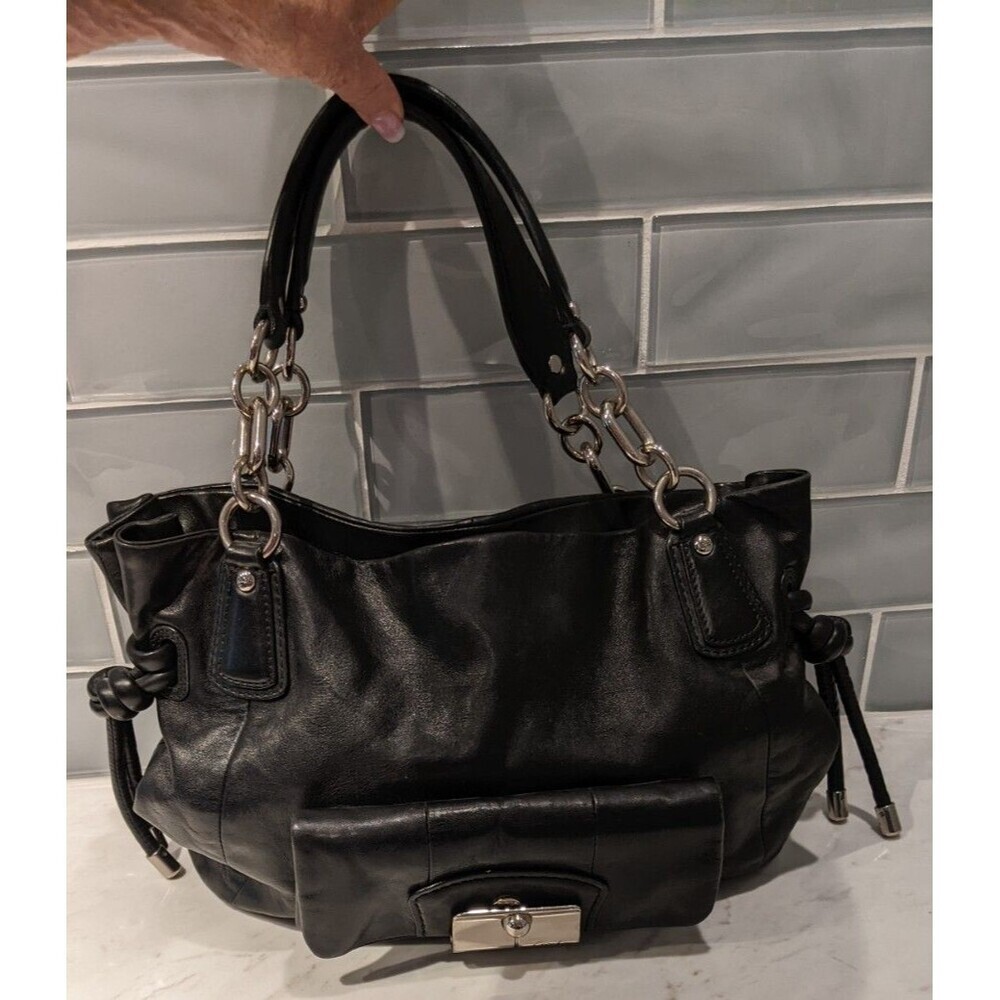 COACH Black Leather Shoulder Bag w/Side Knots Classic Travel Casual